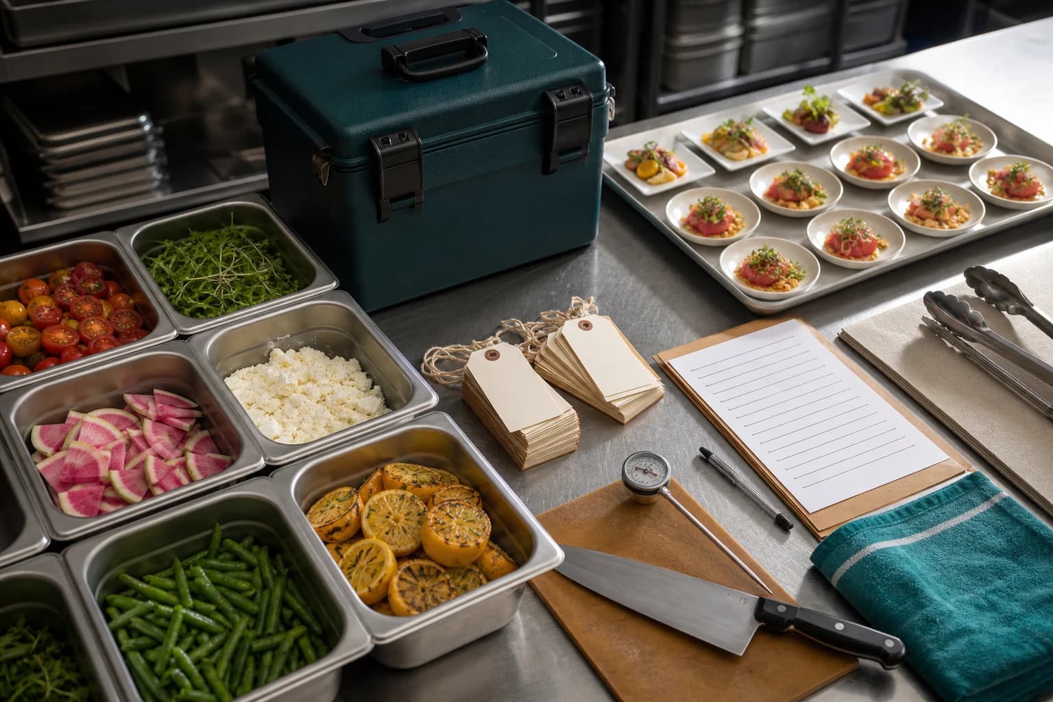 Catering ingredients, finished plates, service tools, tags, and an insulated carrier