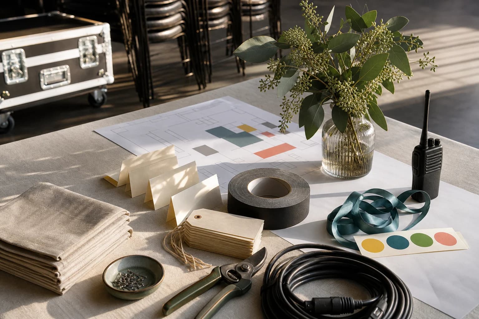 Event production supplies, venue plans, linens, tags, radio, and setup tools