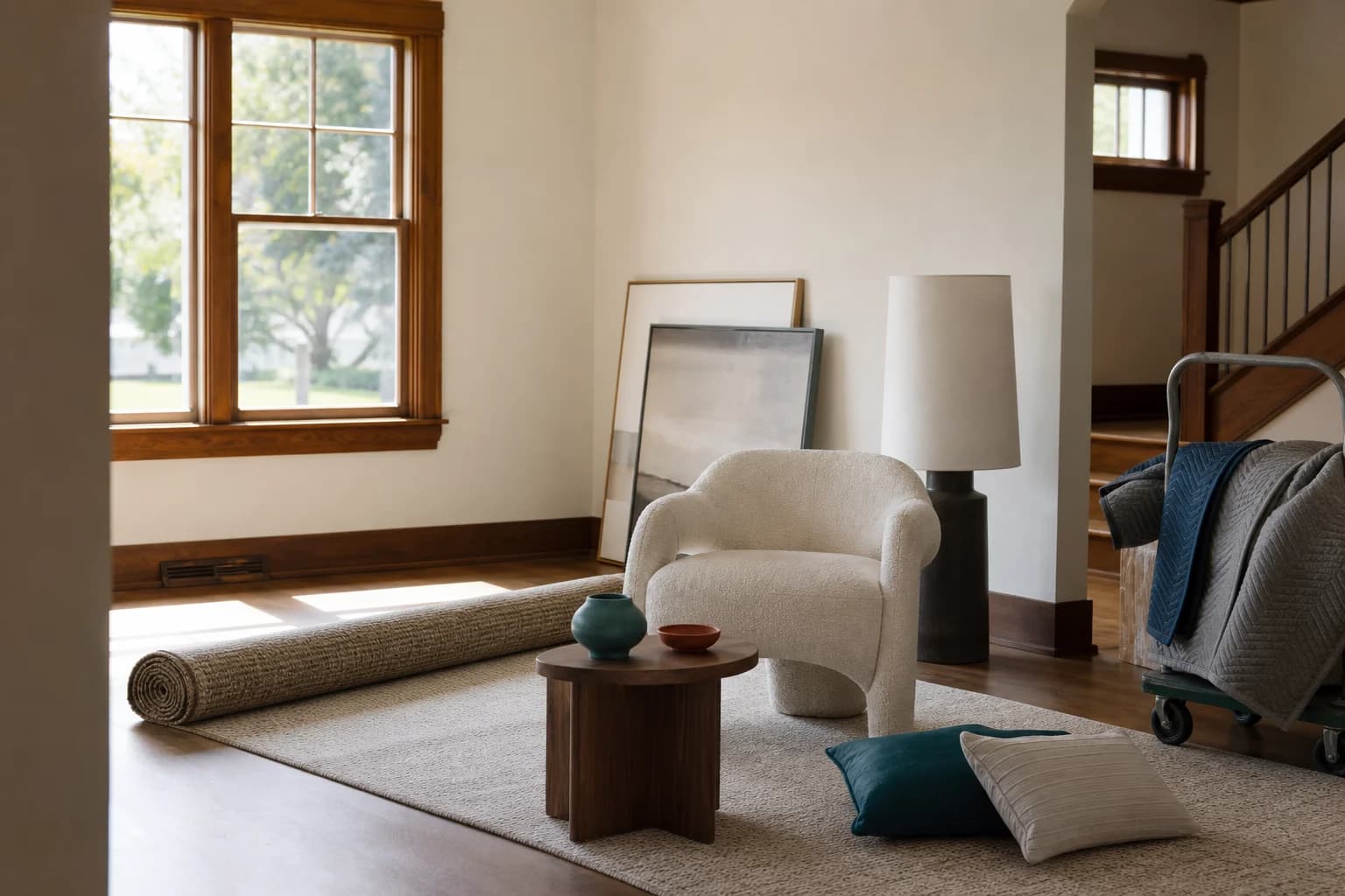 Furniture, artwork, textiles, and moving blankets during a home staging installation
