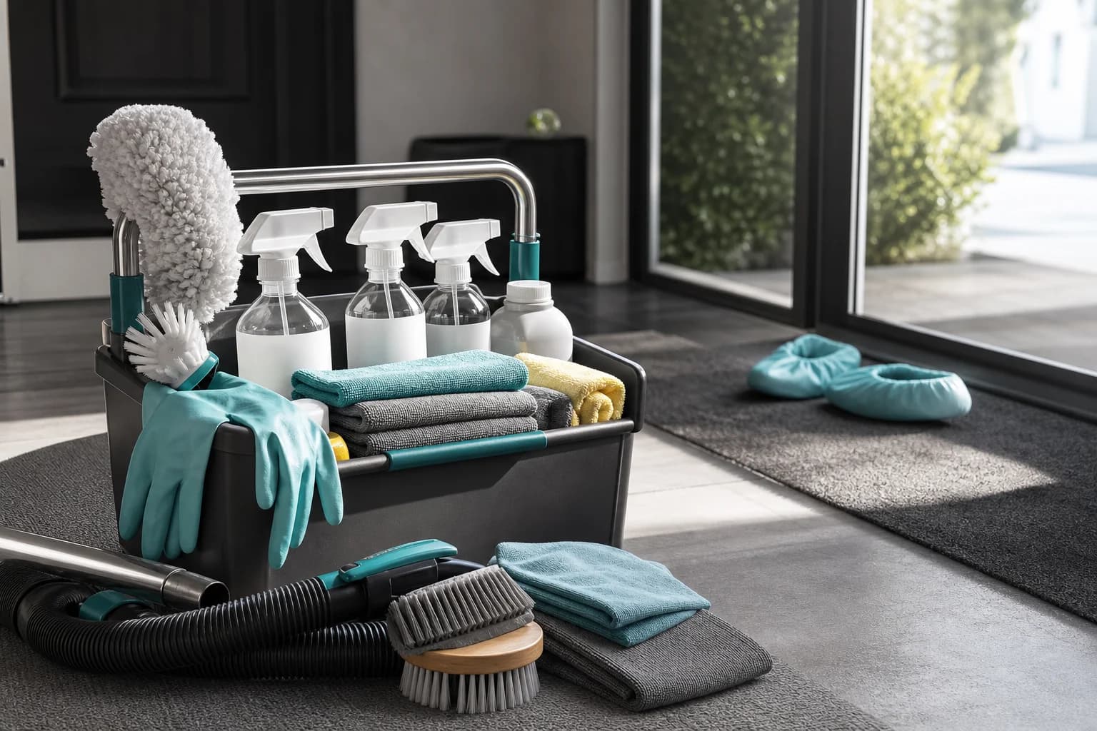 A professional cleaning caddy with cloths, brushes, sprays, gloves, and vacuum tools