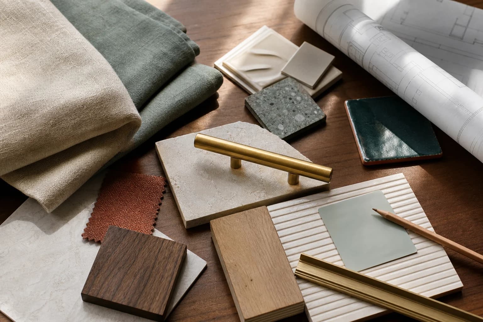 Interior design material selections including fabric, tile, wood, stone, and hardware