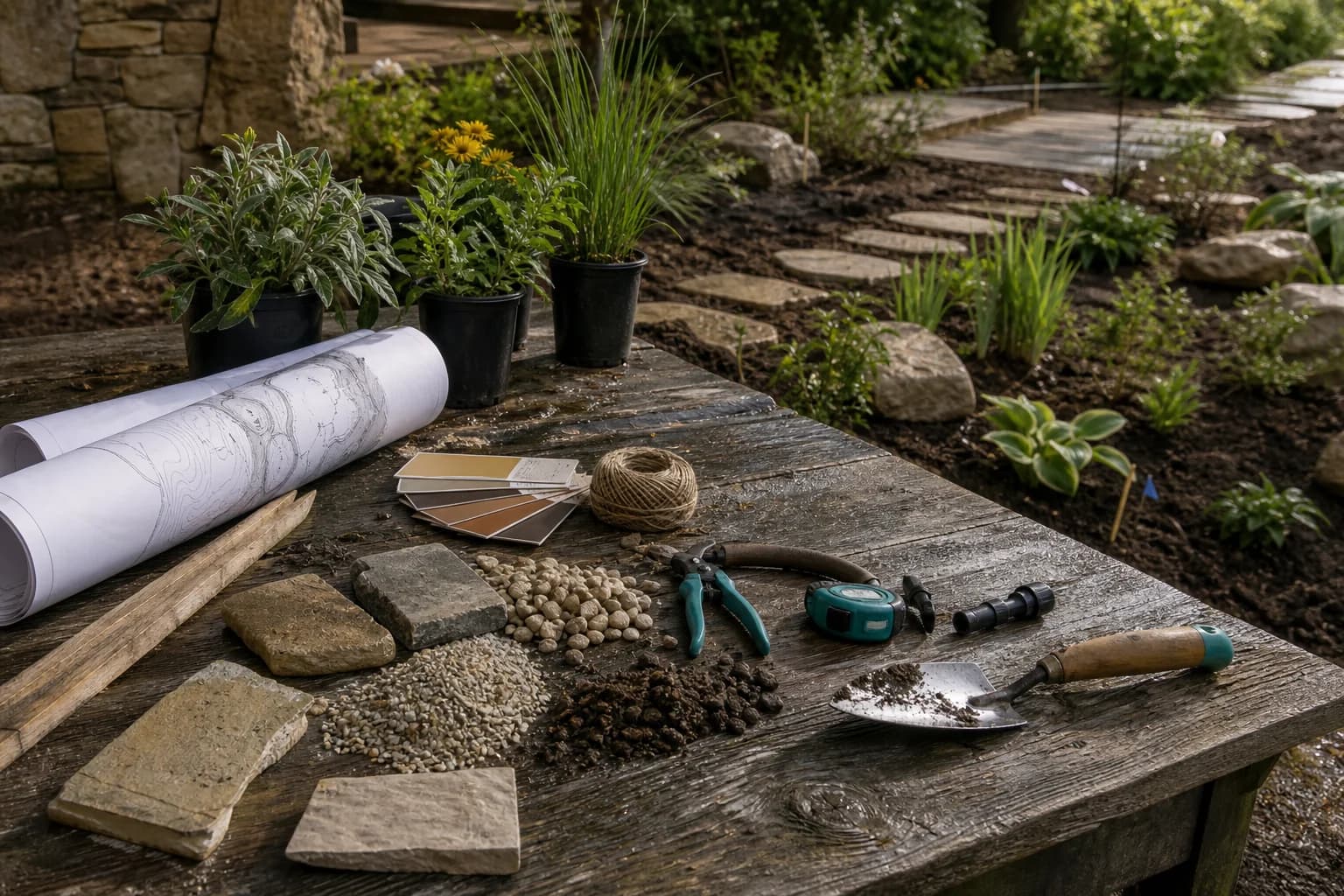 Landscape plans, plants, stone samples, irrigation fittings, and garden tools