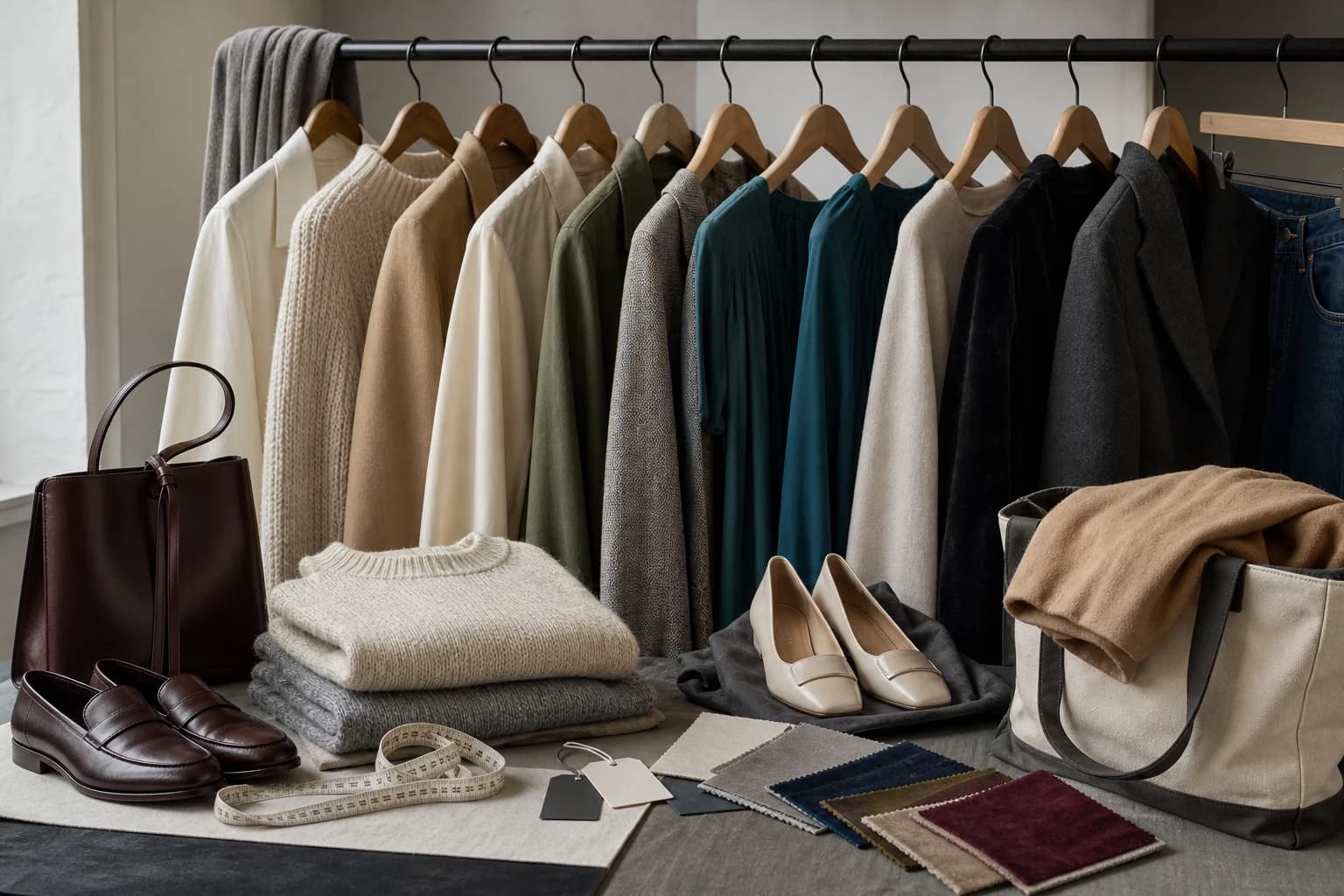 A curated wardrobe pull with garments, shoes, bags, swatches, and return totes