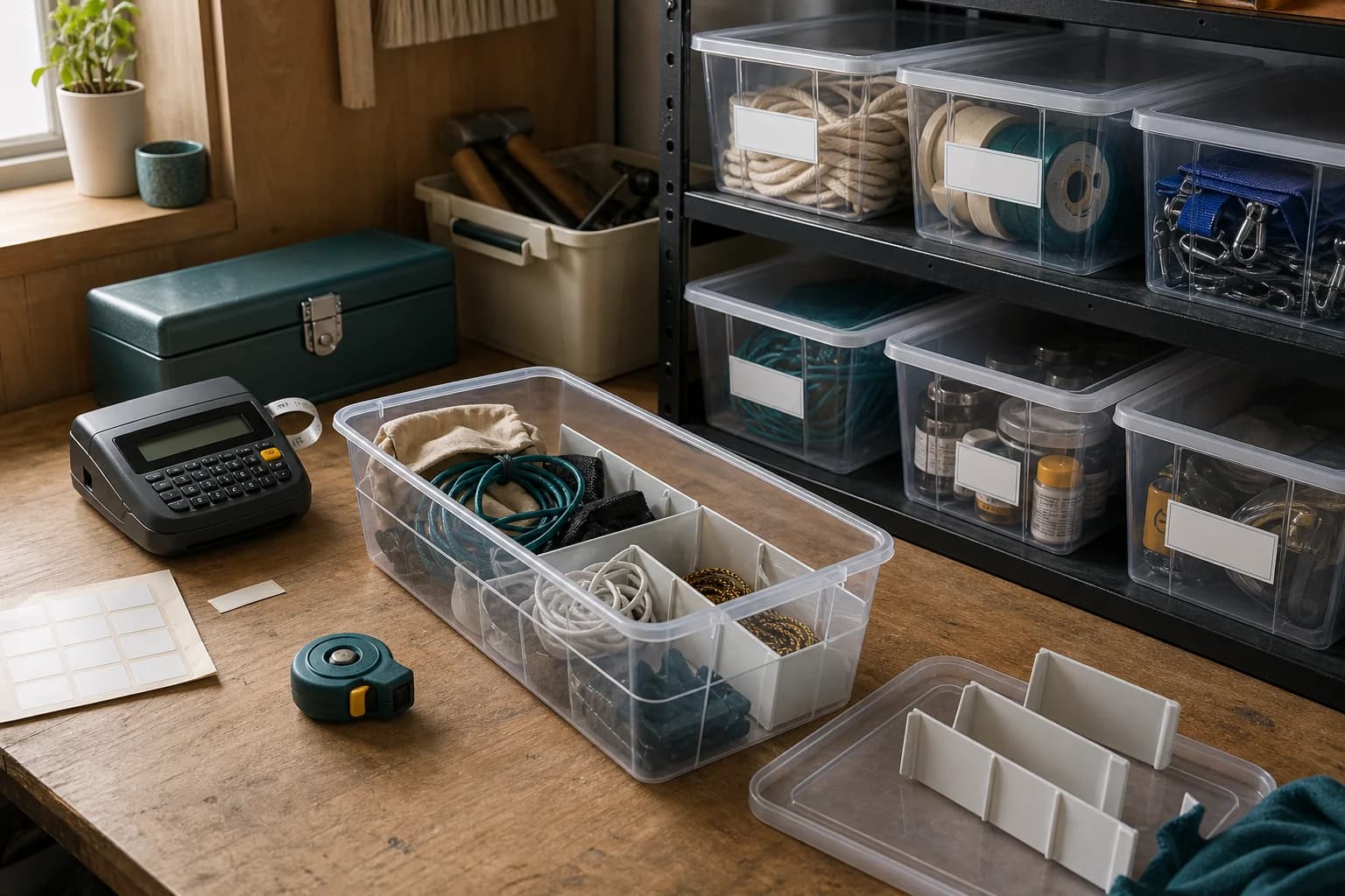 An organizing workbench with clear bins, dividers, labels, and measuring tools
