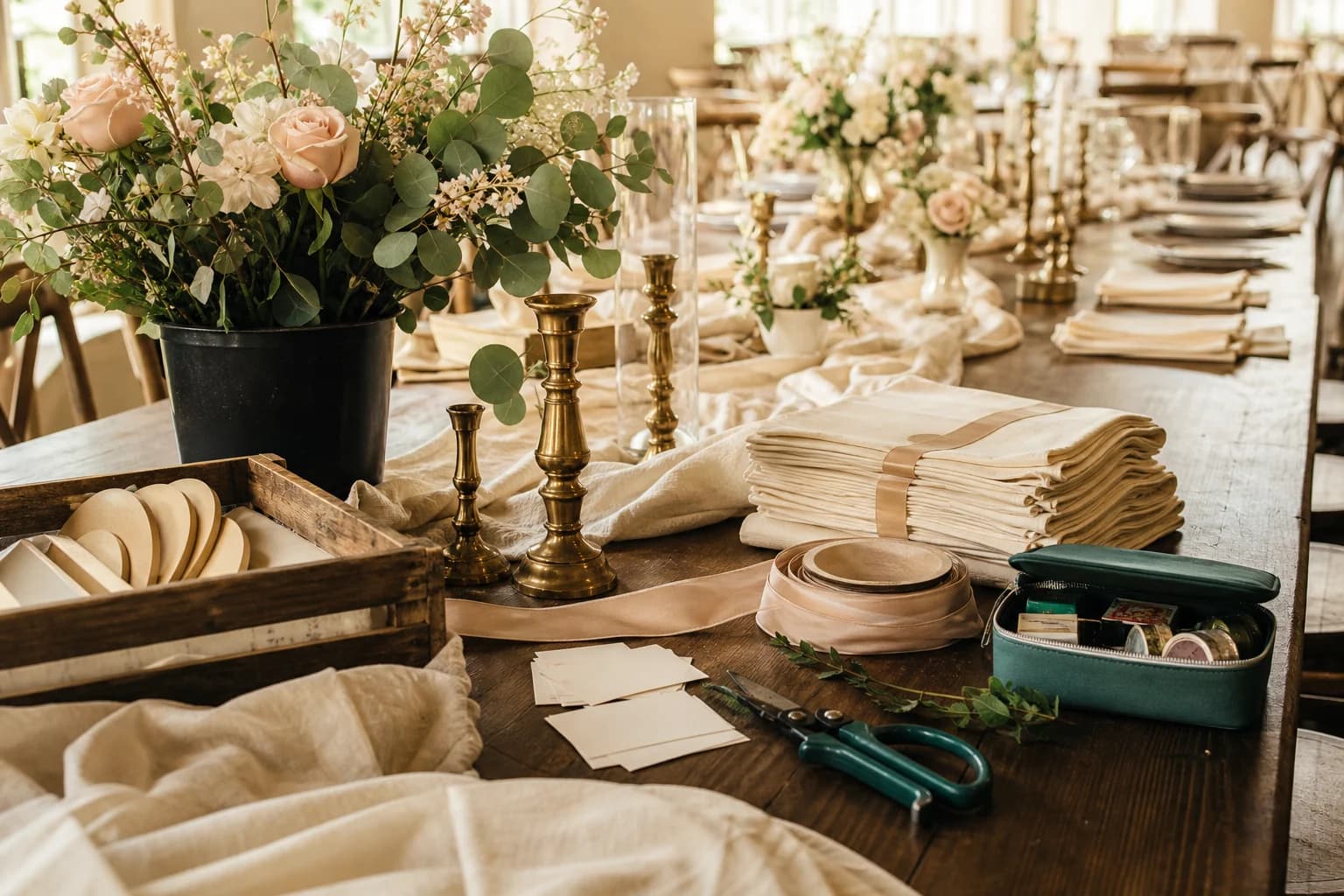 Wedding reception linens, florals, candlesticks, place cards, and setup tools